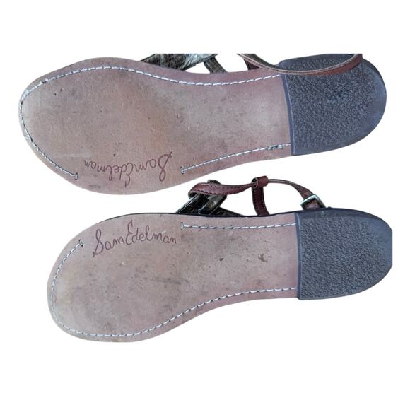 Sam Edelman Gigi Brown Croc Leather Sandals Black White Stripe Thong Flats 9M - Picture 2 of 3